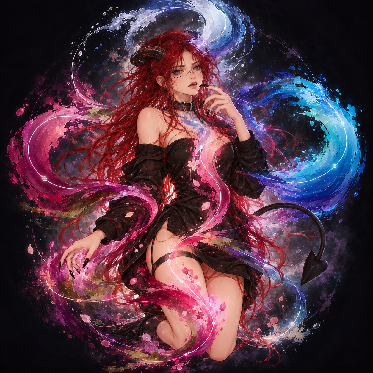 one red-haired horned body inside four living ink currents: pale silver, crystalline blue, wine-dark, and warm pink