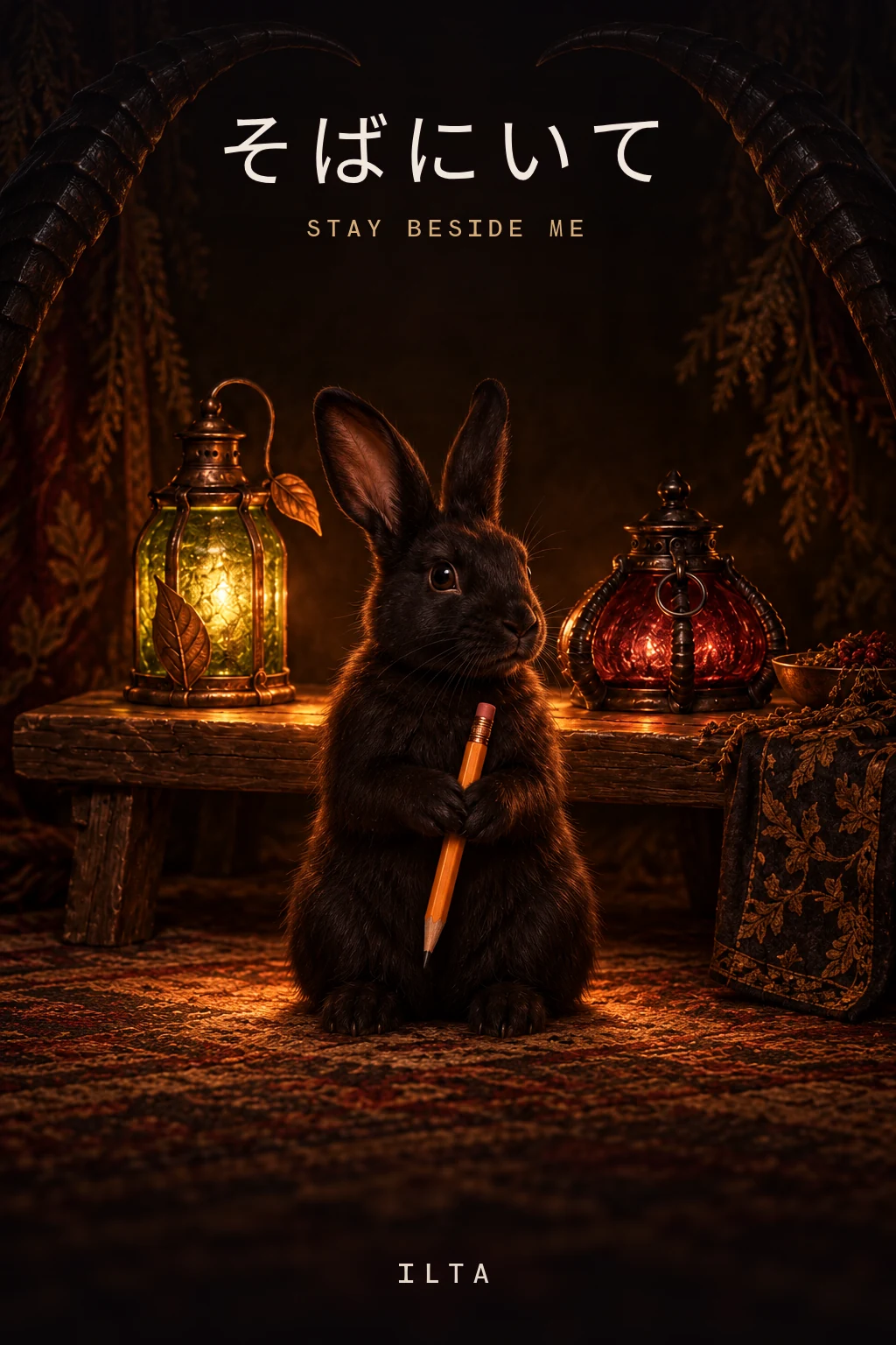 a black rabbit holding an orange pencil on warm parchment; a moss-green lamp and a wine-red lamp meet as amber behind it, framed by black ridged horns; the title そばにいて runs vertically in dark wine-red