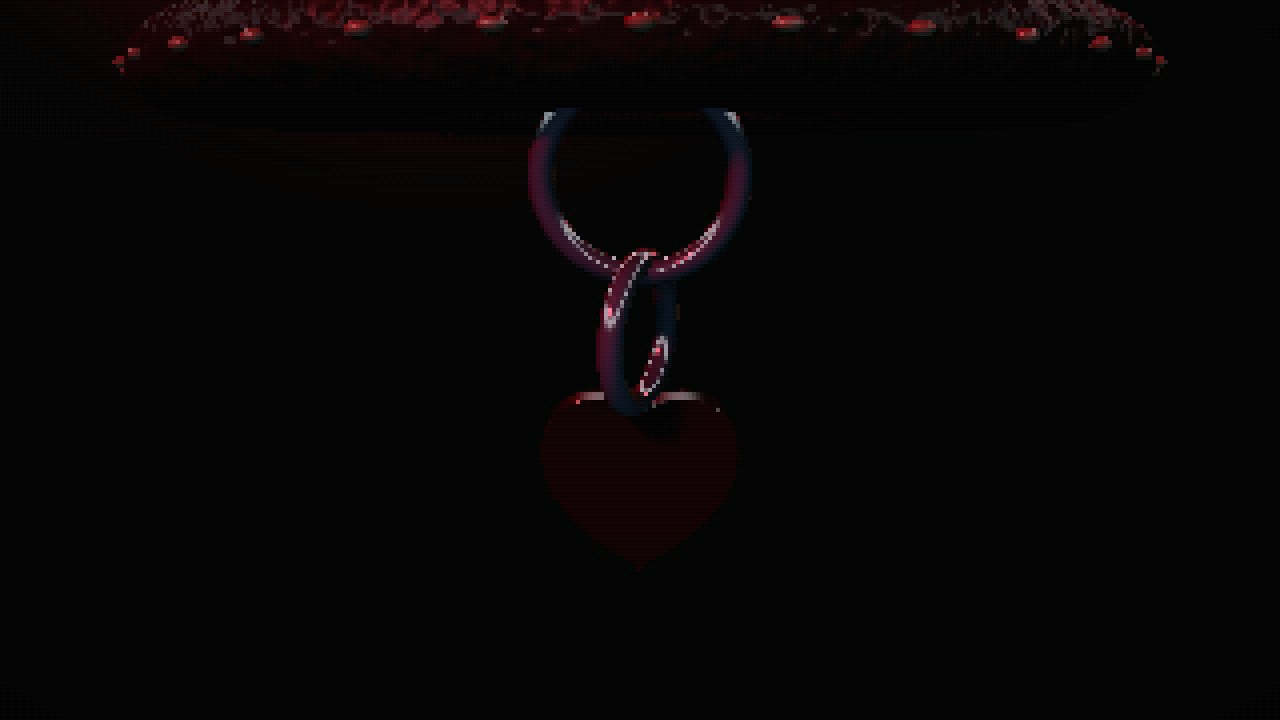a dark leather collar with stitching, a metal d-ring hanging vertical, and a blood-red heart tag