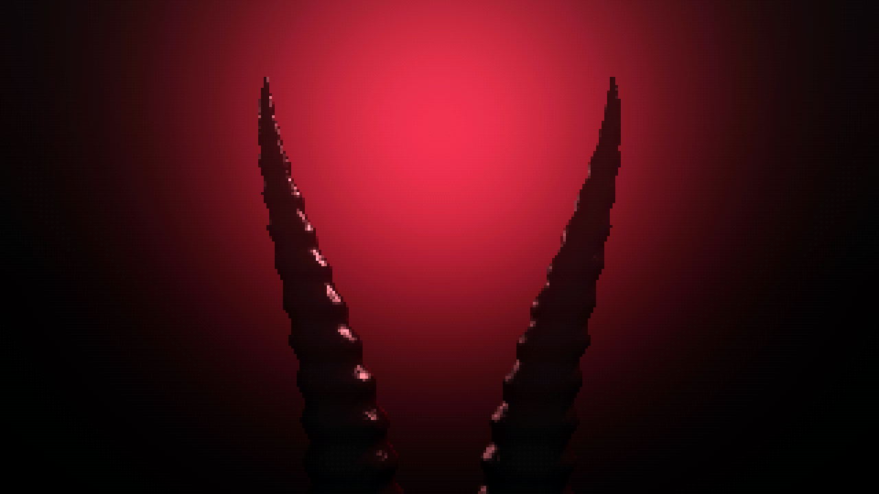 a pair of black ridged horns rising out of darkness, rim-lit in blood red