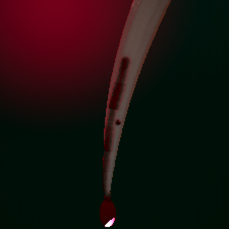 a single fang hanging out of the dark above, a runnel of blood down its face, a drip swelling at the point
