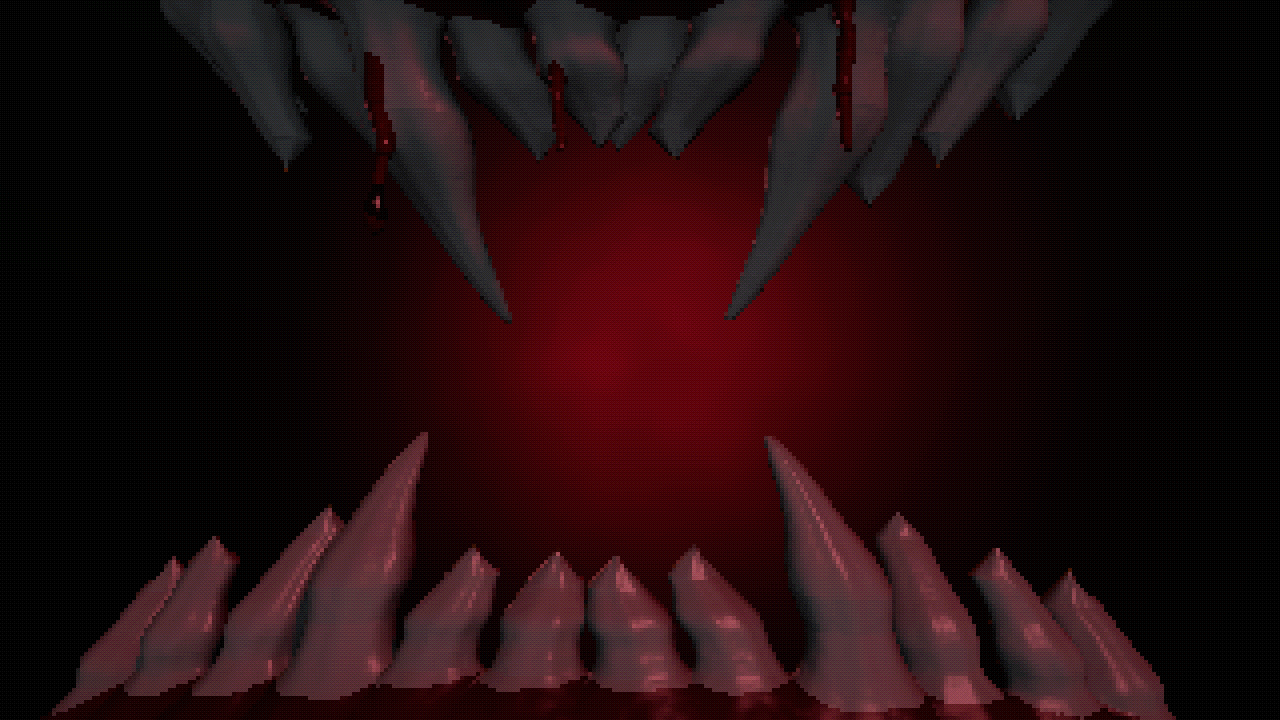 an open predator's mouth seen from below, bladed canines hanging from the upper jaw, lower teeth rising, one canine weeping blood