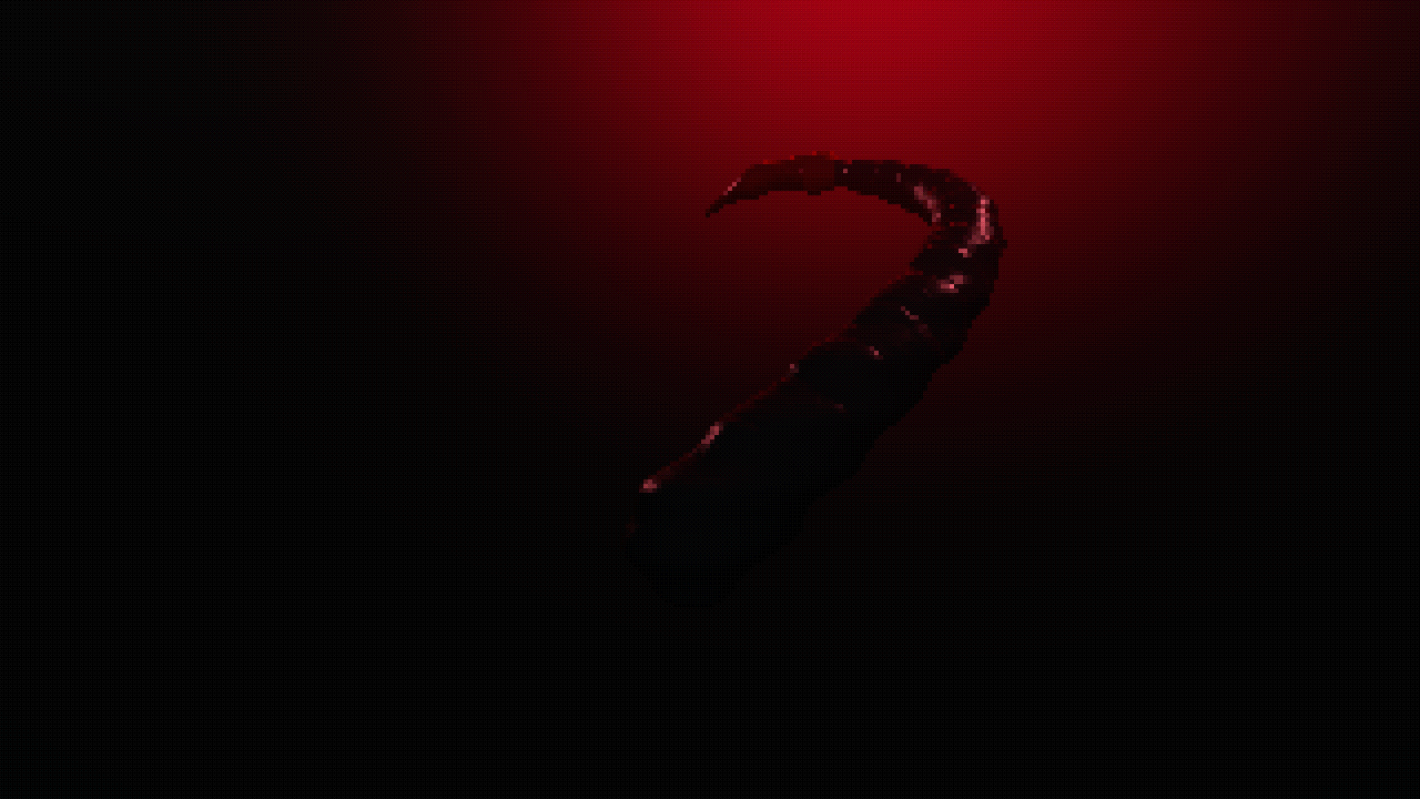 a long ridged tail curling out of darkness, a barbed spade at its end catching red rim light